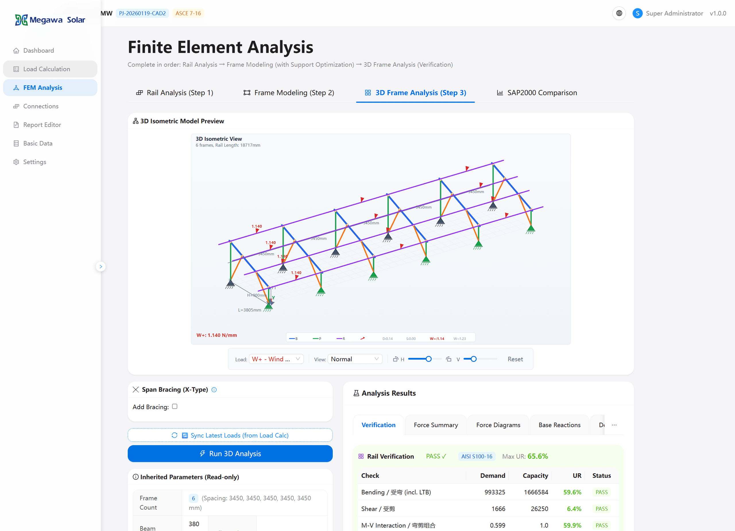 Module d'analyse MEF Megawa — modèle 3D à barres avec résultats de vérification structurelle