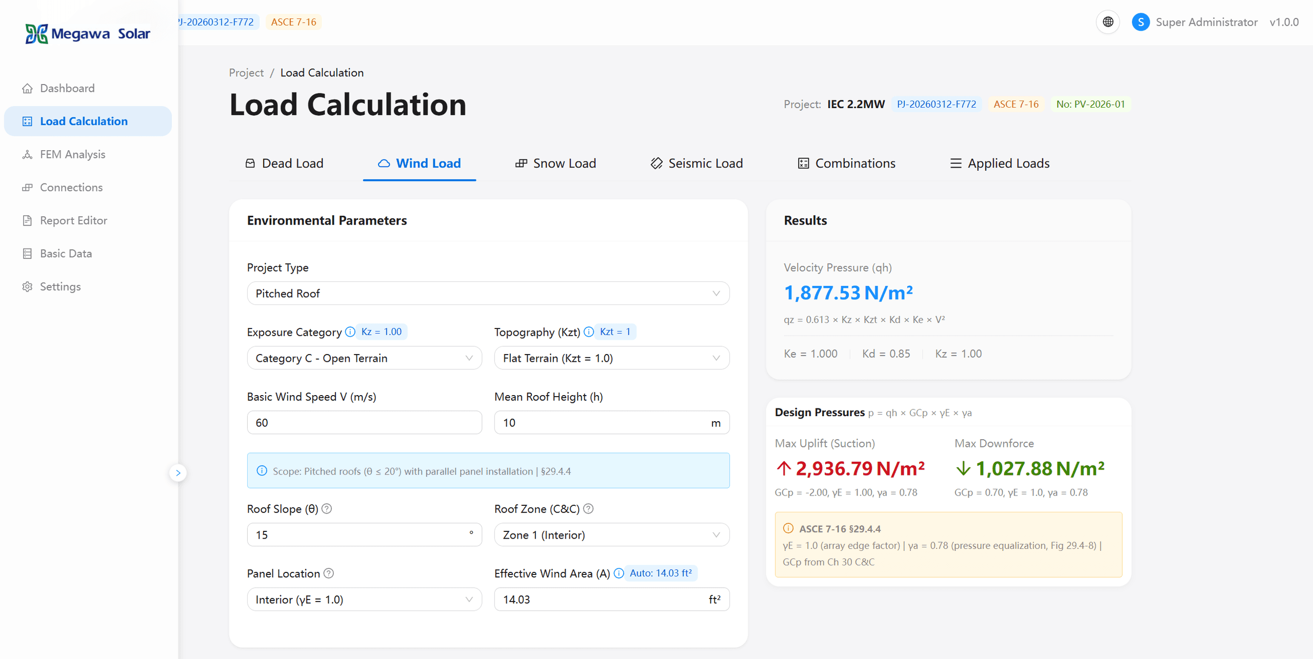 Module de calcul des charges Megawa — paramètres de charge de vent et pressions de calcul selon l'ASCE 7-16