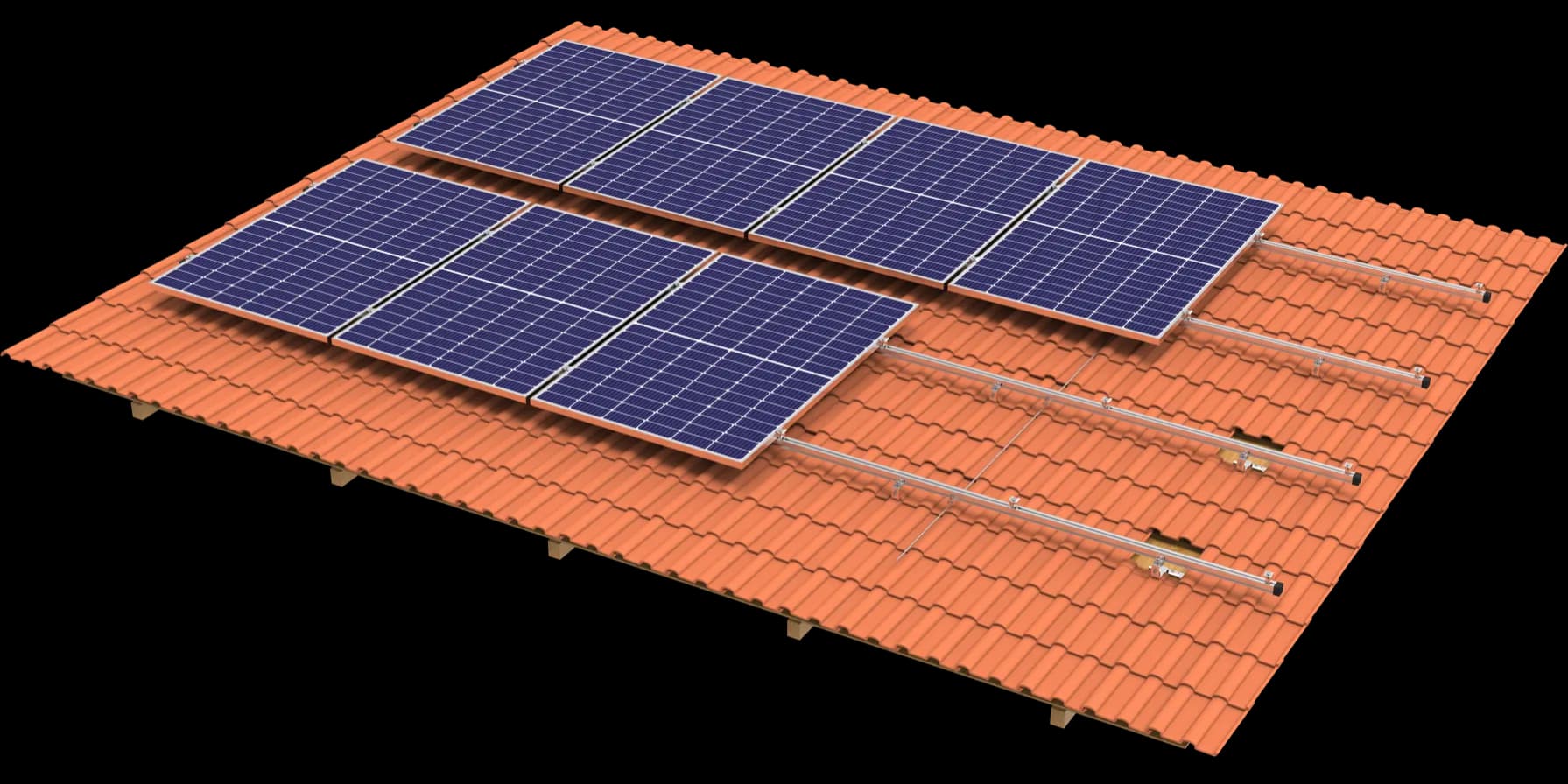 Solaris HOOK PRO pitched roof solar mounting system on a clay tile roof, two rows of modules